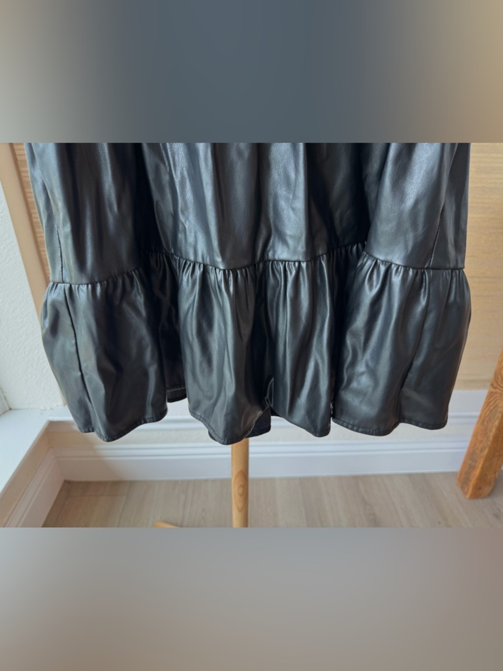 Anthropologie Somerset Vegan Leather Mini Dress Black Smocked Tiered Sz  LP EUC - Picture 9 of 16